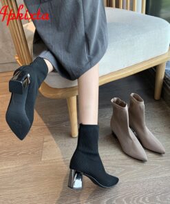 Aphixta Black 6cm Metal Square Heels Cotton Socks Boots Women Stretch Fabric Pointed Toe Shoes Ankle Boots For Woman Boats