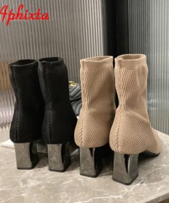 Aphixta Black 6cm Metal Square Heels Cotton Socks Boots Women Stretch Fabric Pointed Toe Shoes Ankle Boots For Woman Boats