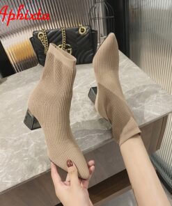 Aphixta Black 6cm Metal Square Heels Cotton Socks Boots Women Stretch Fabric Pointed Toe Shoes Ankle Boots For Woman Boats