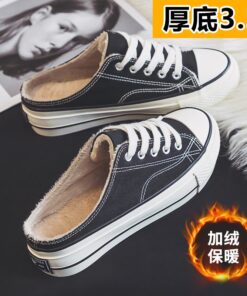 Half slipper canvas shoes women's shoes new autumn / winter 2020 no heel Plush loafer shoes with thick soles Family casual shoes