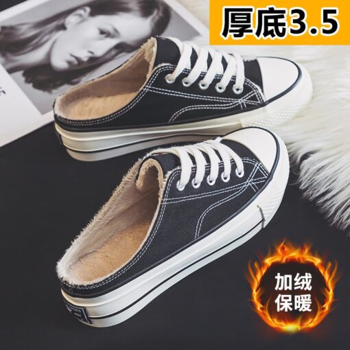 Half slipper canvas shoes women's shoes new autumn / winter 2020 no heel Plush loafer shoes with thick soles Family casual shoes
