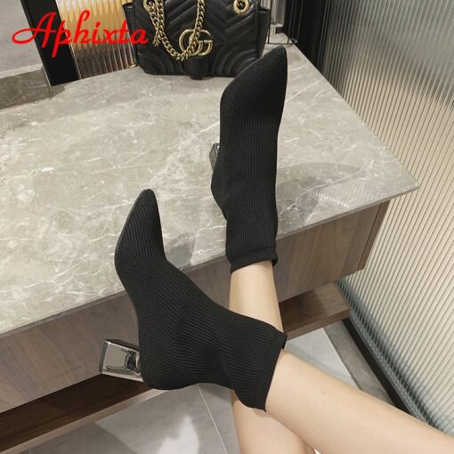 Aphixta Black 6cm Metal Square Heels Cotton Socks Boots Women Stretch Fabric Pointed Toe Shoes Ankle Boots For Woman Boats
