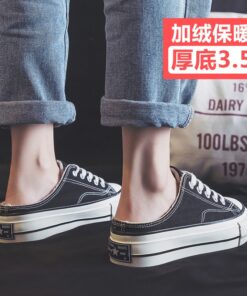 Half slipper canvas shoes women's shoes new autumn / winter 2020 no heel Plush loafer shoes with thick soles Family casual shoes