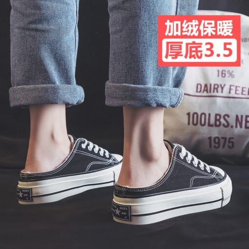 Half slipper canvas shoes women's shoes new autumn / winter 2020 no heel Plush loafer shoes with thick soles Family casual shoes