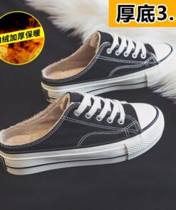Half slipper canvas shoes women's shoes new autumn / winter 2020 no heel Plush loafer shoes with thick soles Family casual shoes